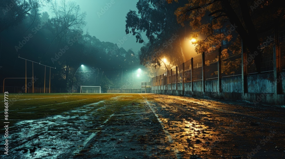 A Nighttime Soccer Field Illuminated by Lights