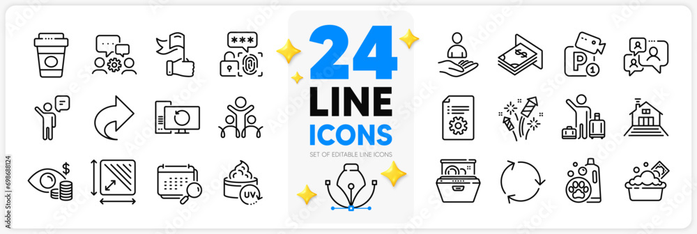 Icons set of Takeaway coffee, Recovery computer and Engineering team line icons pack for app with Inclusion, Dishwasher, Agent thin outline icon. Parking security, Square area. Vector