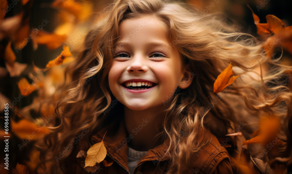 Cheerful young girl with a radiant smile, immersed in a sea of autumn leaves, encapsulating the joy and playfulness of fall