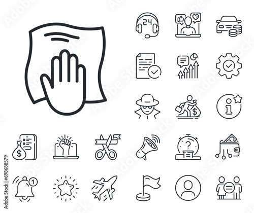 Wipe with a rag symbol. Salaryman, gender equality and alert bell outline icons. Cleaning cloth line icon. Housekeeping equipment sign. Washing cloth line sign. Spy or profile placeholder icon. Vector