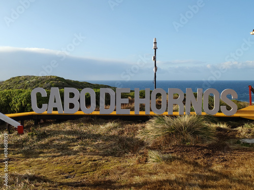 Tourist signage letters of Cape Horn, Cabo de Hornos, located in the south of Tierra del Fuego archipelago, in Antártica Province, Magallanes Region
