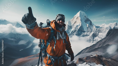 A man wearing a mountaineering suit on the way to the peak of mount everest, taking a selfie on top of a mountain  photo
