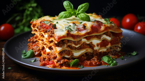 A fragrant plate of lasagna and vegetables, dripping with melted cheese and a fragrant tomato sauce