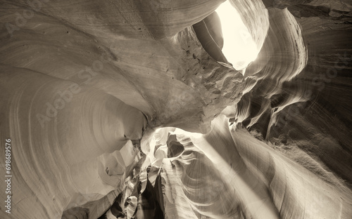 Black and white view of Antelope Canyon. Abstract background. Travel and nature concept.