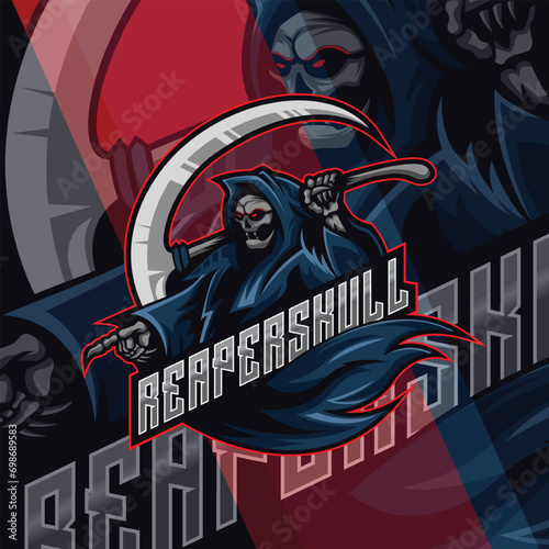 reaper skull e-sport logo design vector illustration for badge, emblem and t shirt printing. premium vector