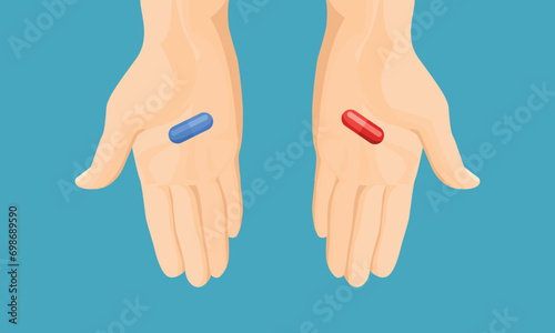 Red and blue pill in hands. Choice concept. Vector cartoon illustration.