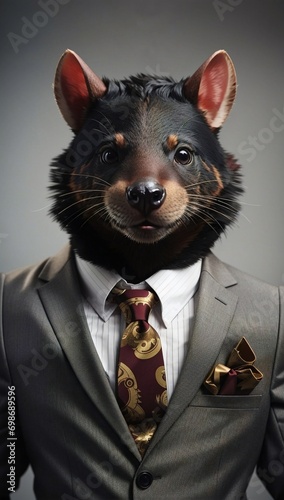 Tasmanian Devil in a Luxurious Colorful Professional Suit. Animal posing with a charismatic human attitude. Fun Concept in a Simple Plain Background. Creative Marketing and Branding Concept. photo