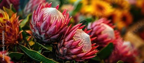 Protea flowers for sale at Market in Funchal, Portugal. photo