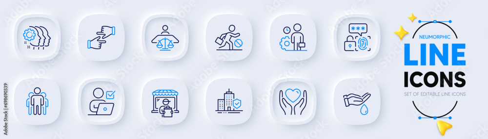 Hold heart, Employee and Click hands line icons for web app. Pack of Jobless, Biometric security, Group pictogram icons. Delivery market, Online voting, Employees teamwork signs. Vector Hold heart, Employee and Click hands line icons for web app. Pack of Jobless, Biometric security, Group pictogram icons. Delivery market, Online voting, Employees teamwork signs. Vector