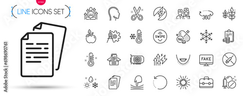 Pack of Electric energy, Swipe up and Portfolio line icons. Include 360 degrees, Fake news, Chin pictogram icons. Gluten free, No vaccine, Cut signs. Sodium mineral, Doctor, Documents box. Vector