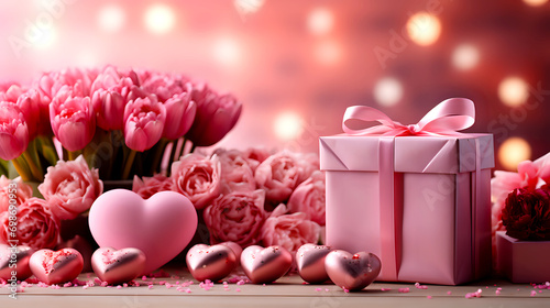lovely pink gift box with ribbon, surrounded by beautiful pink tulips and roses, with heart-shaped chocolates and soft glowing lights