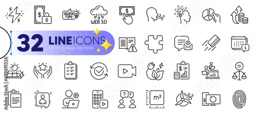 Outline set of Ethics, Idea and Web3 line icons for web with Breathing exercise, Instruction manual, Windmill turbine thin icon. Puzzle, Education idea, Payment click pictogram icon. Vector