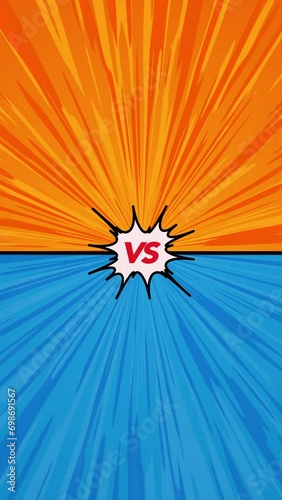 Versus superhero fight comic pop art retro battle design vertical background animation. Orange Vs blue comparison