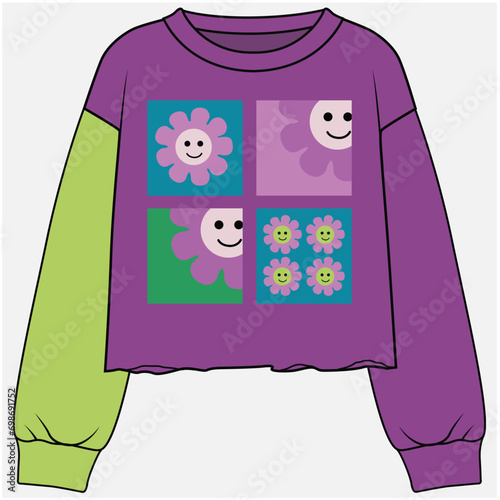 CROP SWEATSHIRT WITH UNFINISH HEMLINE DETAIL DESIGNED FOR TEEN GIRLS AND KID GIRLS IN VECTOR ILLUSTRATION FILE