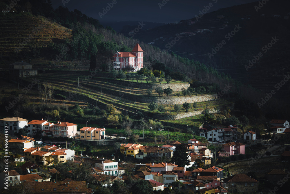 A village in the hills of the Douro Valley in overcast weather. Portugal.
