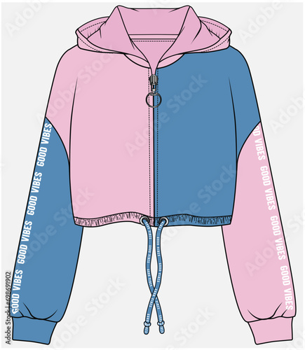 CROP HOODIE WITH CONTRAST PANEL DETAIL DESIGNED FOR TEEN GIRLS AND KID GIRLS IN VECTOR ILLUSTRATION FILE