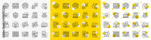 Phishing risk, Data ransomware, Binary code. Cyber attack line icons. Hacker attack, Virus secure, Malware bug outline icons. Cyber crime, Safe password and Data phishing. System hacking skull. Vector
