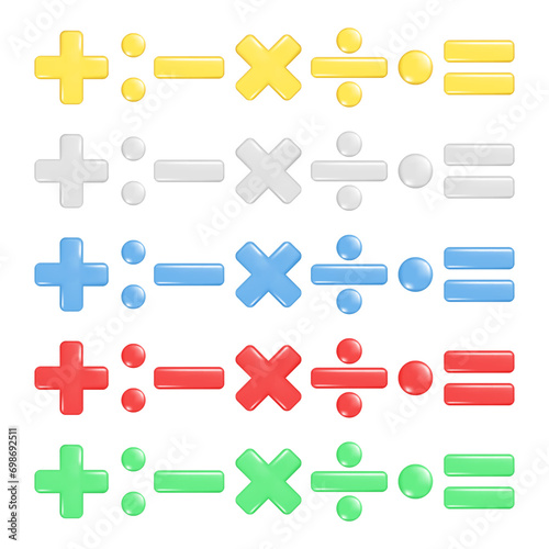 Realistic 3d plus, minus, multiply, division and equal sign. Decorative arithmetic 3d element, education maths icon, mathematical symbol. Abstract vector illustration isolated on white background