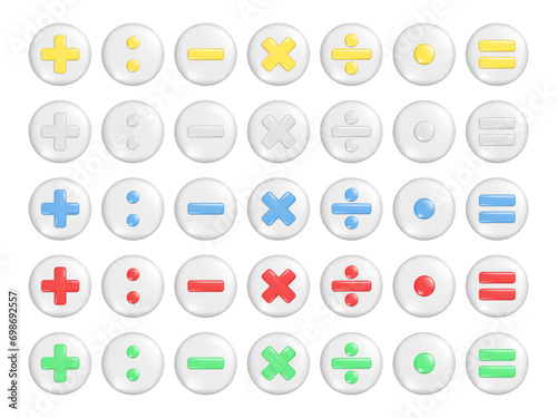 Realistic 3d plus, minus, multiply, division and equal sign on round button. Arithmetic 3d element, education maths icon, mathematical symbol. Abstract vector illustration isolated on white background
