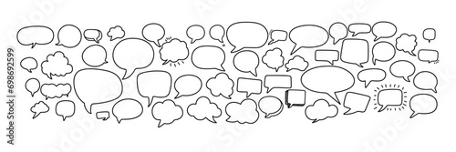 Collection of bubbles speech in doodle style. Outline speak cloud isolated on white background. Hand drawn vector art.
