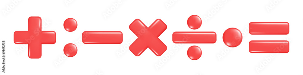 Realistic red 3d plus, minus, multiply, division and equal sign. Decorative arithmetic 3d element, education maths icon, mathematical symbol. Abstract vector illustration isolated on white background Realistic red 3d plus, minus, multiply, division and equal sign. Decorative arithmetic 3d element, education maths icon, mathematical symbol. Abstract vector illustration isolated on white background