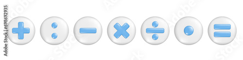 Realistic blue 3d plus, minus, multiply, division and equal sign on round button. Arithmetic 3d element, education maths icon, mathematical symbol. Vector illustration isolated on white background