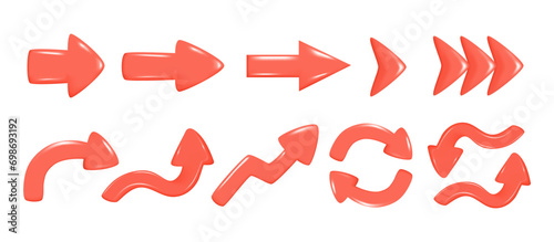 Set of realistic 3d red glossy arrows. Different shape of pointer 3d direction icon. Collection of left, right, straight, up, down, round sign. Vector illustration isolated on white background