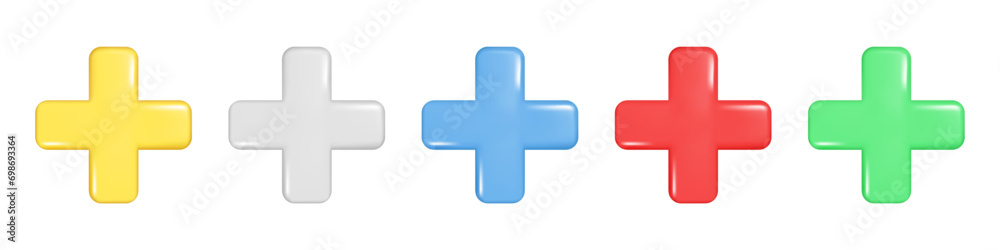 Set of realistic colorful 3d plus sign. Different colors arithmetic 3d element, education maths icon, mathematical or medical symbol. Abstract vector illustration isolated on a white background