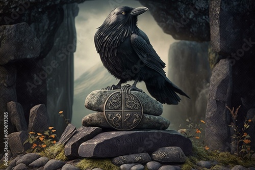 Symbolic raven perched on stones with pagan themes. Generative AI photo
