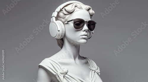 Ancient female greek sculpture wearing headphones and sunglasses. Isolated on grey background