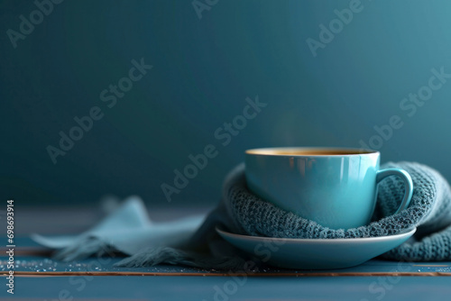 Blue Monday concept. Blue coffee cup with cappuccino coffee and blue scarf. photo