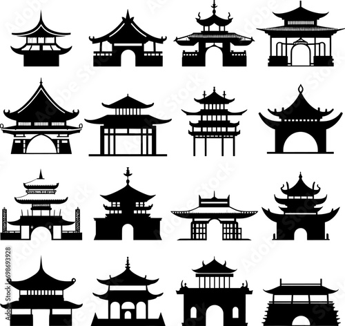 Silhouette Chinese architecture shape set on isolated. AI generated illustration.