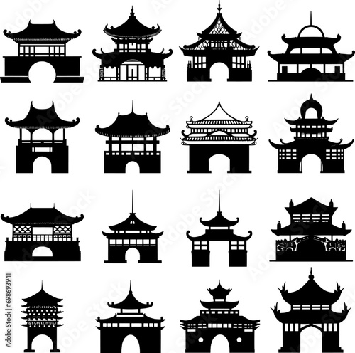 Silhouette Chinese architecture shape set on isolated. AI generated illustration.