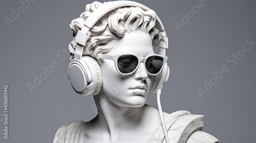 Ancient female greek sculpture wearing headphones and sunglasses. Isolated on grey background photo