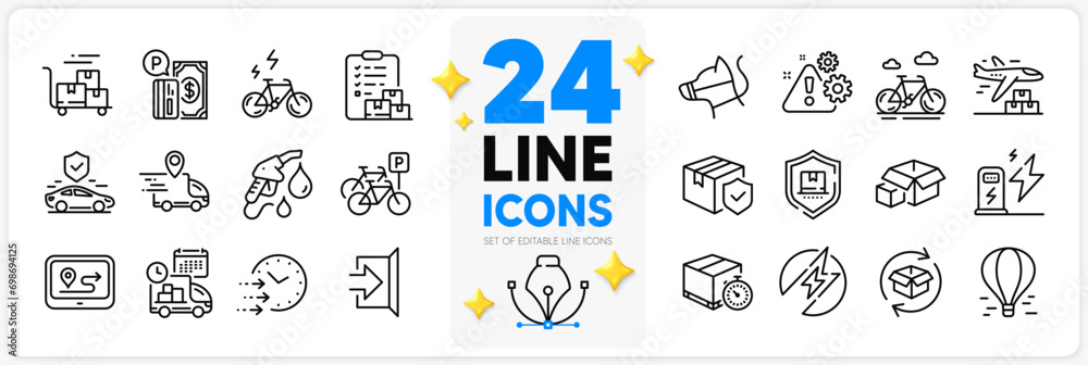 Icons set of Warning, Petrol station and Delivery time line icons pack for app with Delivery timer, Air balloon, Transport insurance thin outline icon. Bicycle parking, Packing boxes. Vector