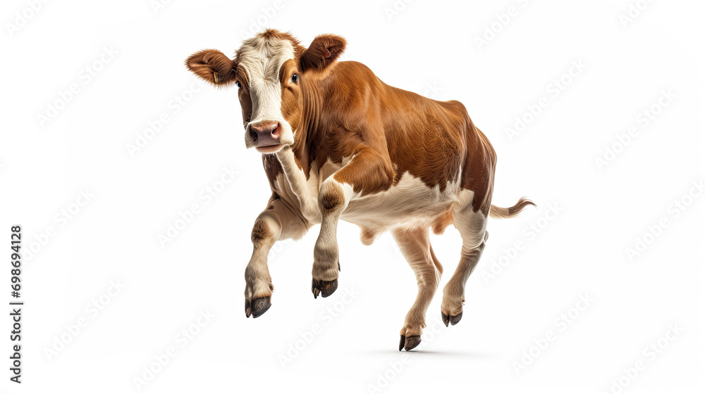 Jumping cow. Spotted cow. Farm animals. Isolated on white background