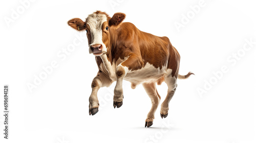 Jumping cow. Spotted cow. Farm animals. Isolated on white background