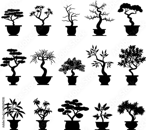 set of houseplants in pots silhouettes, vector. AI generated illustration. photo