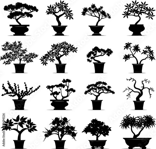 set of houseplants in pots silhouettes, vector. AI generated illustration. photo