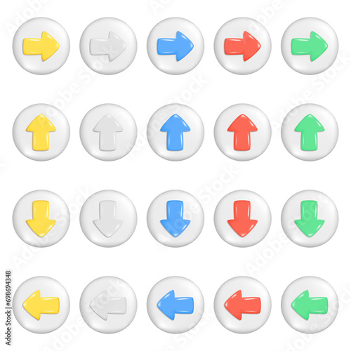 Realistic 3d colorful arrows on round button. Yellow, white, blue, red, green shapes of pointer 3d direction icon, left, right, up, down sign. Vector glossy illustration isolated on white background
