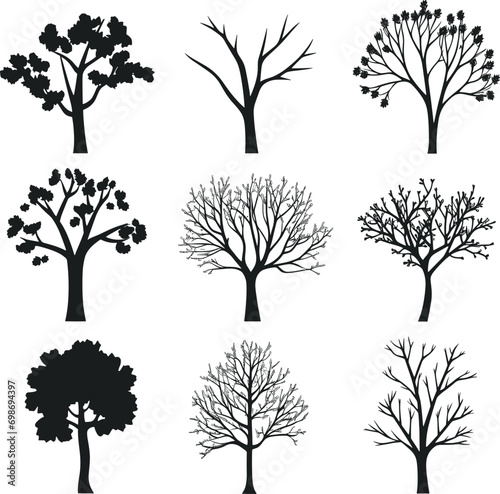 Collection of trees silhouettes. AI generated illustration.