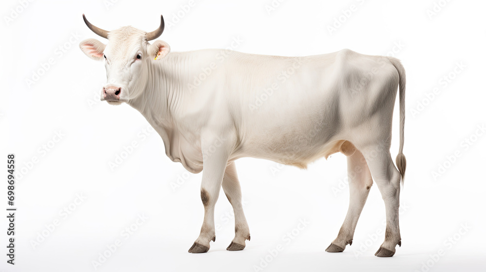 White standing cow. Spotted cow. Farm animals. Isolated on white background White standing cow. Spotted cow. Farm animals. Isolated on white background