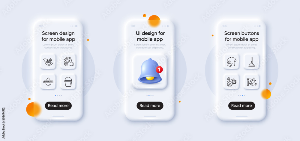 Washing hands, Dont touch and Hand sanitizer line icons pack. 3d phone mockups with bell alert. Glass smartphone screen. Wash hands, Bucket, Wash hand web icon. Plunger pictogram. Vector - obrazy, fototapety, plakaty 