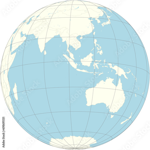 The orthographic projection of the world map with Indian Ocean Territories at its center. territories located in the Indian Ocean