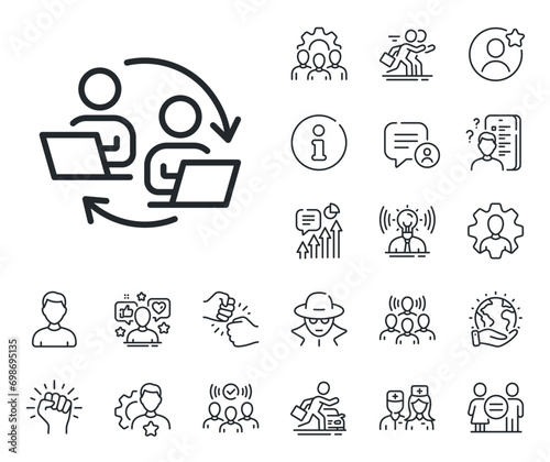 Remote office sign. Specialist, doctor and job competition outline icons. Teamwork process line icon. Team employees symbol. Teamwork process line sign. Avatar placeholder, spy headshot icon. Vector