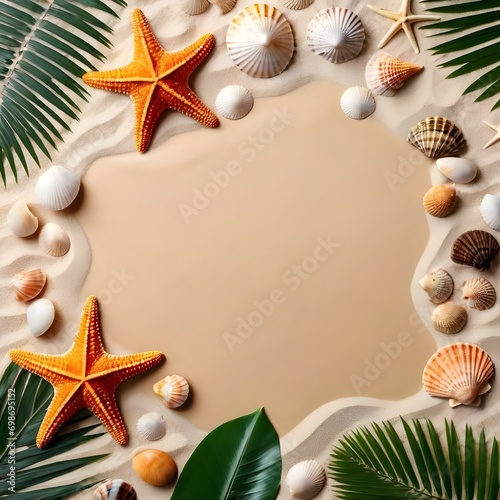 stones and sea shells on sand with palm leaves and shadowes top view