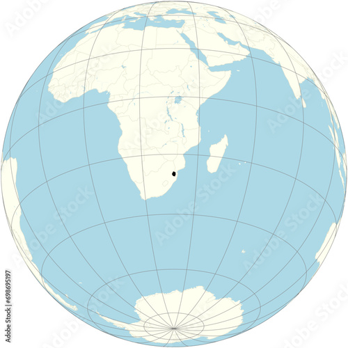 The orthographic projection of the world map with Kingdom of eSwatini at its center. a landlocked monarchy in Southern Africa photo