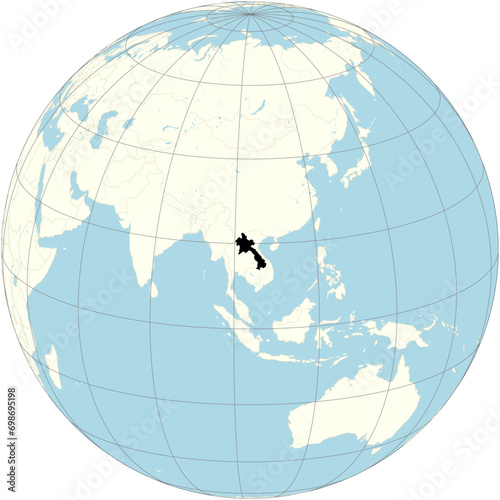 The orthographic projection of the world map with Lao PDR at its center. a landlocked country in Southeast Asia