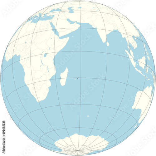 The orthographic projection of the world map with Mauritius at its center. an island nation in the Indian Ocean