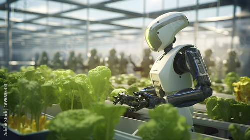 Automatic robot harvesting eco vegetables. Smart farm. Close-up
